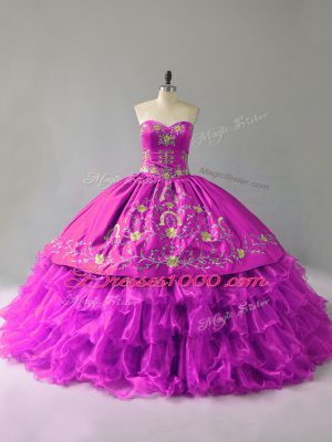 Designer Organza Sweetheart Sleeveless Lace Up Embroidery and Ruffles Quinceanera Gown in Purple