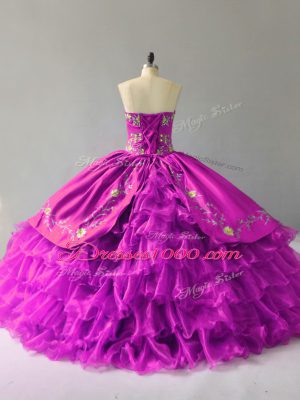 Designer Organza Sweetheart Sleeveless Lace Up Embroidery and Ruffles Quinceanera Gown in Purple