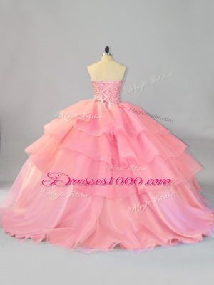 Sleeveless Brush Train Lace Up Beading and Ruffles 15th Birthday Dress