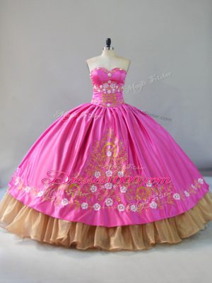 Sexy Floor Length Lace Up Quinceanera Dress Rose Pink for Sweet 16 and Quinceanera with Embroidery