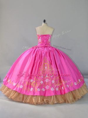 Sexy Floor Length Lace Up Quinceanera Dress Rose Pink for Sweet 16 and Quinceanera with Embroidery