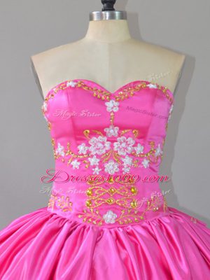 Sexy Floor Length Lace Up Quinceanera Dress Rose Pink for Sweet 16 and Quinceanera with Embroidery