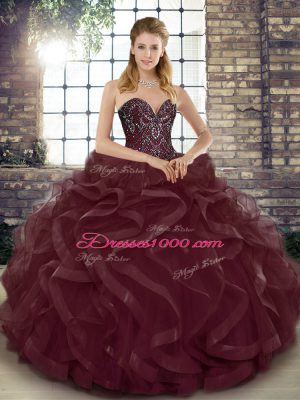 Fashionable Burgundy Sweet 16 Quinceanera Dress Military Ball and Sweet 16 and Quinceanera with Beading and Ruffles Sweetheart Sleeveless Lace Up