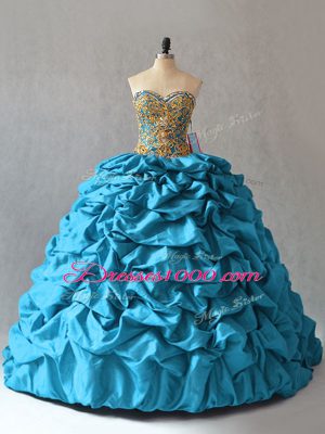 Vintage Aqua Blue Sleeveless Brush Train Beading and Pick Ups Ball Gown Prom Dress