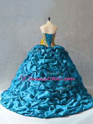 Vintage Aqua Blue Sleeveless Brush Train Beading and Pick Ups Ball Gown Prom Dress