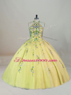 Dramatic Yellow Ball Gowns Tulle Halter Top Sleeveless Appliques and Embroidery Lace Up Quince Ball Gowns Brush Train