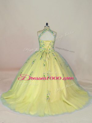 Dramatic Yellow Ball Gowns Tulle Halter Top Sleeveless Appliques and Embroidery Lace Up Quince Ball Gowns Brush Train