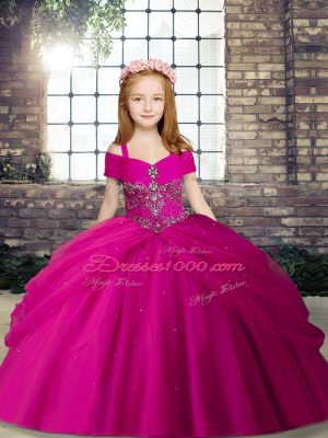 Classical Floor Length Lace Up Evening Gowns Fuchsia for Party and Sweet 16 and Wedding Party with Beading