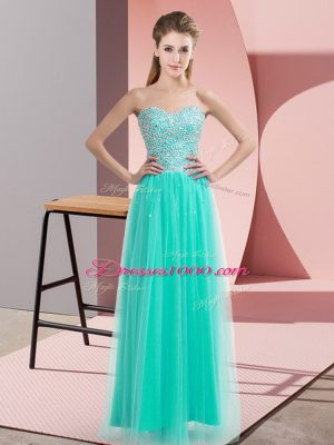 Fine Sleeveless Tulle Floor Length Lace Up Prom Dress in Turquoise with Beading