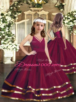 Burgundy Ball Gowns V-neck Sleeveless Tulle Floor Length Backless Ruffled Layers Quinceanera Gown