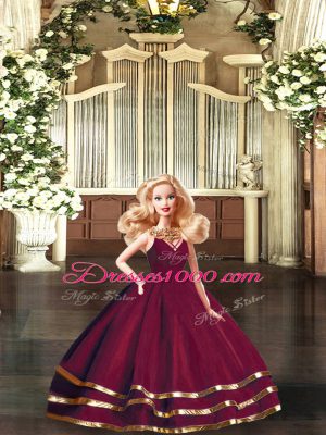 Burgundy Ball Gowns V-neck Sleeveless Tulle Floor Length Backless Ruffled Layers Quinceanera Gown