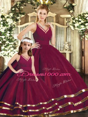 Burgundy Ball Gowns V-neck Sleeveless Tulle Floor Length Backless Ruffled Layers Quinceanera Gown