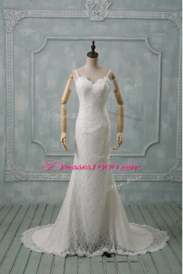 White Spaghetti Straps Neckline Lace Wedding Gown Sleeveless Backless