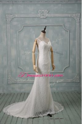 White Spaghetti Straps Neckline Lace Wedding Gown Sleeveless Backless