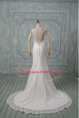 White Spaghetti Straps Neckline Lace Wedding Gown Sleeveless Backless