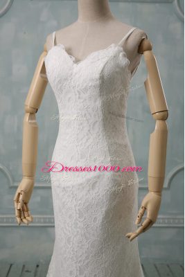 White Spaghetti Straps Neckline Lace Wedding Gown Sleeveless Backless