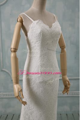 White Spaghetti Straps Neckline Lace Wedding Gown Sleeveless Backless