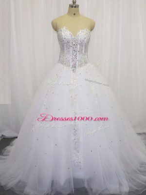 Wonderful White Sleeveless Tulle Court Train Lace Up Wedding Dresses for Wedding Party
