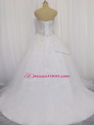 Wonderful White Sleeveless Tulle Court Train Lace Up Wedding Dresses for Wedding Party