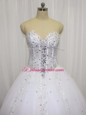 Wonderful White Sleeveless Tulle Court Train Lace Up Wedding Dresses for Wedding Party