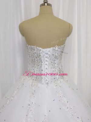 Wonderful White Sleeveless Tulle Court Train Lace Up Wedding Dresses for Wedding Party