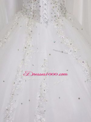 Wonderful White Sleeveless Tulle Court Train Lace Up Wedding Dresses for Wedding Party