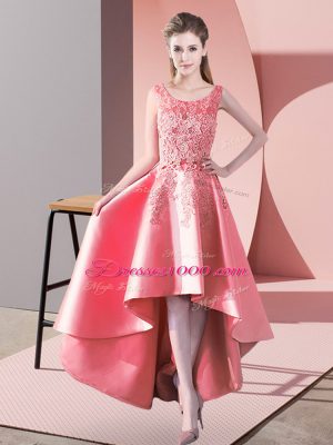 Custom Designed A-line Wedding Guest Dresses Watermelon Red Scoop Satin Sleeveless High Low Zipper