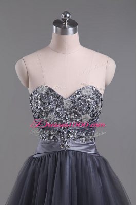 Low Price Grey Sleeveless Mini Length Beading Zipper Party Dress