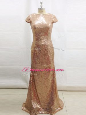 New Arrival Champagne Column/Sheath Sequins Prom Gown Backless Sequined Short Sleeves