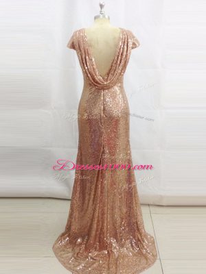 New Arrival Champagne Column/Sheath Sequins Prom Gown Backless Sequined Short Sleeves