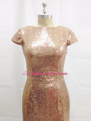 New Arrival Champagne Column/Sheath Sequins Prom Gown Backless Sequined Short Sleeves