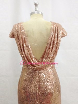 New Arrival Champagne Column/Sheath Sequins Prom Gown Backless Sequined Short Sleeves