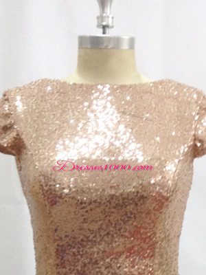 New Arrival Champagne Column/Sheath Sequins Prom Gown Backless Sequined Short Sleeves