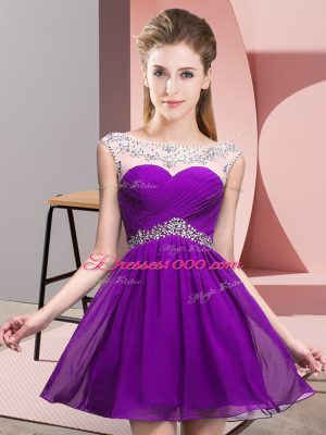 Dazzling Sleeveless Chiffon Mini Length Backless Prom Dress in Eggplant Purple with Beading and Ruching