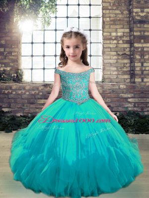 Charming Aqua Blue Little Girl Pageant Gowns Party and Wedding Party with Beading Off The Shoulder Sleeveless Lace Up