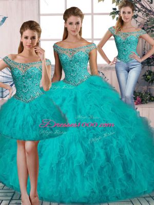 Off The Shoulder Sleeveless Sweet 16 Quinceanera Dress Brush Train Beading and Ruffles Aqua Blue Tulle