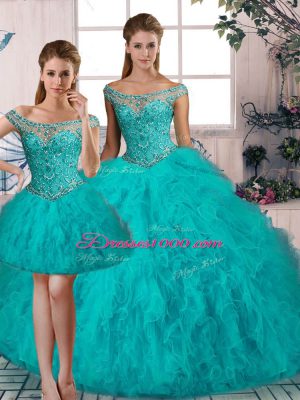 Off The Shoulder Sleeveless Sweet 16 Quinceanera Dress Brush Train Beading and Ruffles Aqua Blue Tulle