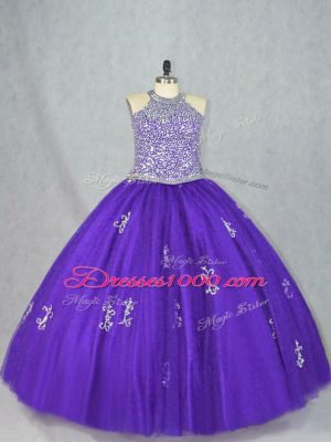Extravagant Beading and Appliques Vestidos de Quinceanera Purple Lace Up Sleeveless Floor Length