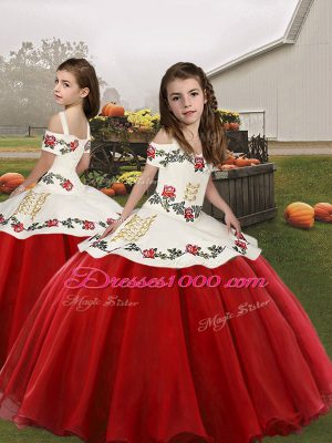 White And Red Sleeveless Floor Length Embroidery Lace Up Vestidos de Quinceanera