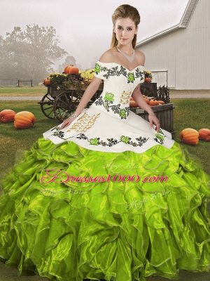 Artistic Olive Green Organza Lace Up Off The Shoulder Sleeveless Floor Length Quinceanera Dress Embroidery and Ruffles