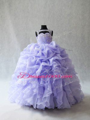 Superior Lavender Ball Gowns Organza Scoop Sleeveless Beading and Ruffles and Pick Ups Lace Up Girls Pageant Dresses Brush Train