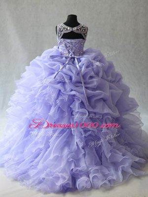 Superior Lavender Ball Gowns Organza Scoop Sleeveless Beading and Ruffles and Pick Ups Lace Up Girls Pageant Dresses Brush Train