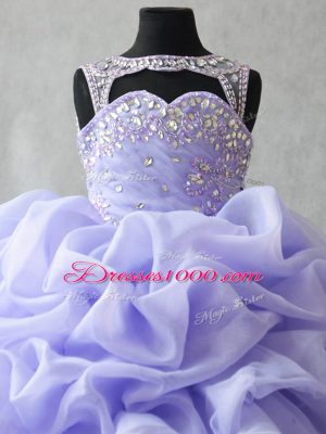 Superior Lavender Ball Gowns Organza Scoop Sleeveless Beading and Ruffles and Pick Ups Lace Up Girls Pageant Dresses Brush Train