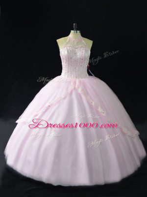 Charming Pink Ball Gowns Tulle Halter Top Sleeveless Beading and Appliques Ball Gown Prom Dress