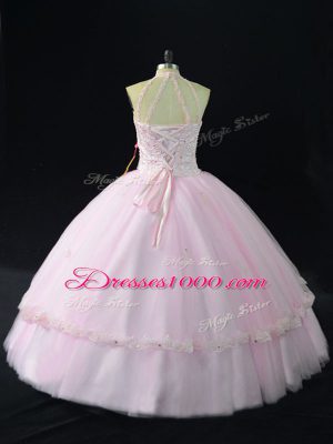 Charming Pink Ball Gowns Tulle Halter Top Sleeveless Beading and Appliques Ball Gown Prom Dress