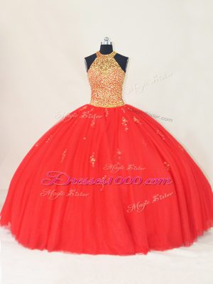 Red Lace Up Quinceanera Dress Beading and Appliques Sleeveless Floor Length