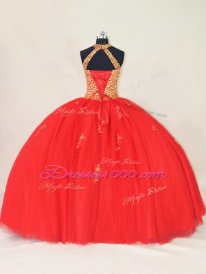 Red Lace Up Quinceanera Dress Beading and Appliques Sleeveless Floor Length