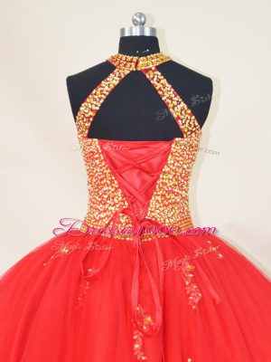 Red Lace Up Quinceanera Dress Beading and Appliques Sleeveless Floor Length