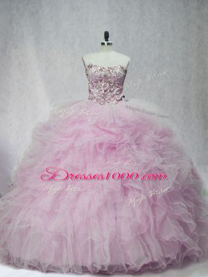Fancy Tulle Sleeveless Quince Ball Gowns Brush Train and Beading and Ruffles