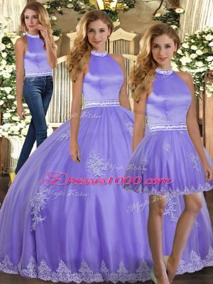Lavender Tulle Backless Halter Top Sleeveless Floor Length Sweet 16 Dress Appliques